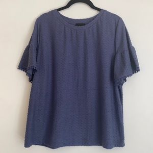 Blue patterned texture ruffle short sleeve blouse